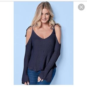 Navy Blue V Neck Cold Shoulder Sweater